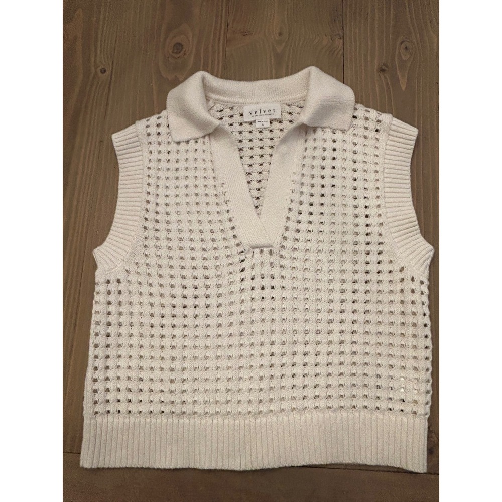 E8 Velvet by Graham‎ & Spencer Cream Pointelle Knit Cotton Cashmere Polo Small